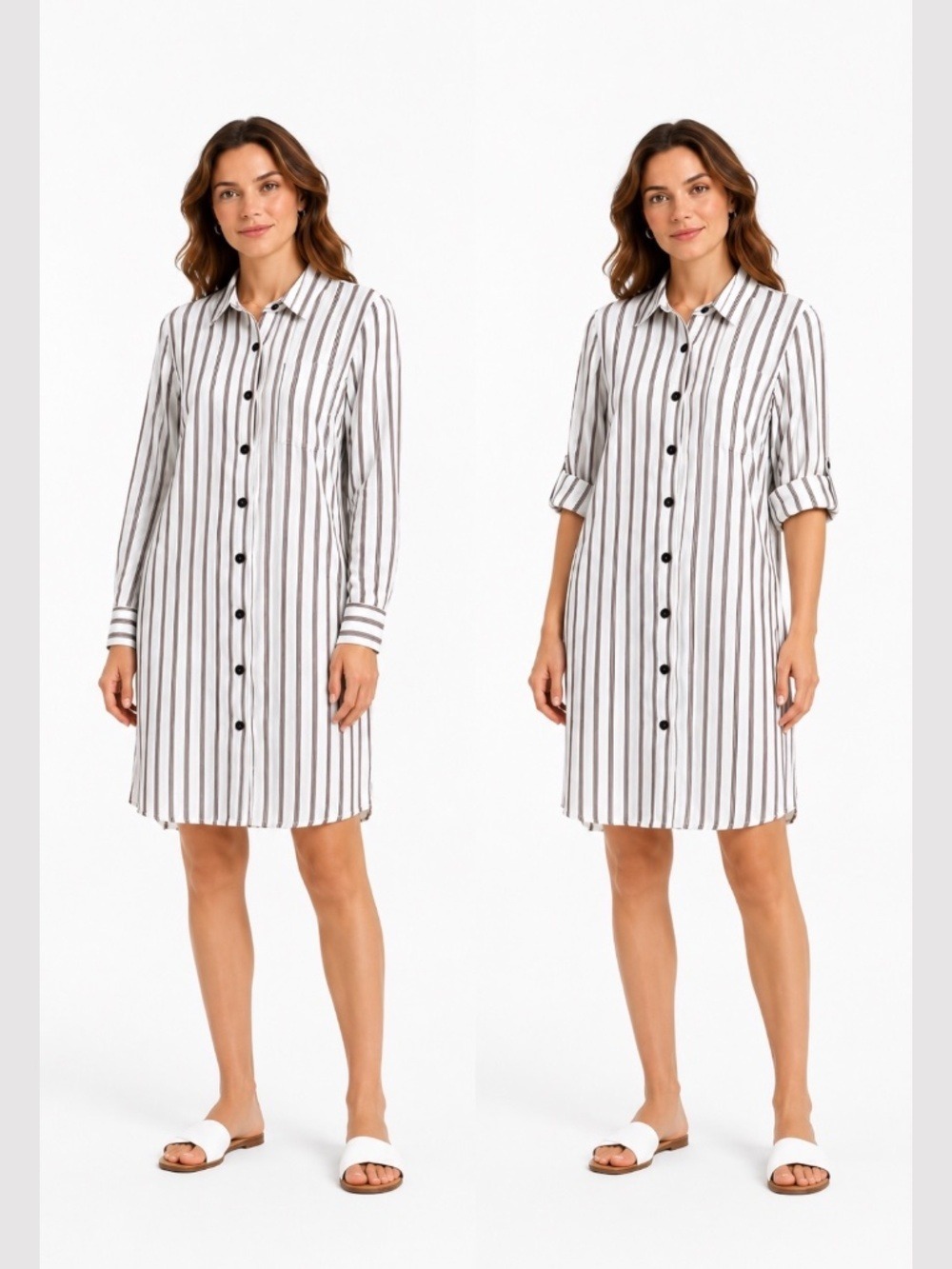 OLSEN Linen Cotton Blend Button Front Shirt Dress Roll Tab Sleeves Brown Cream L